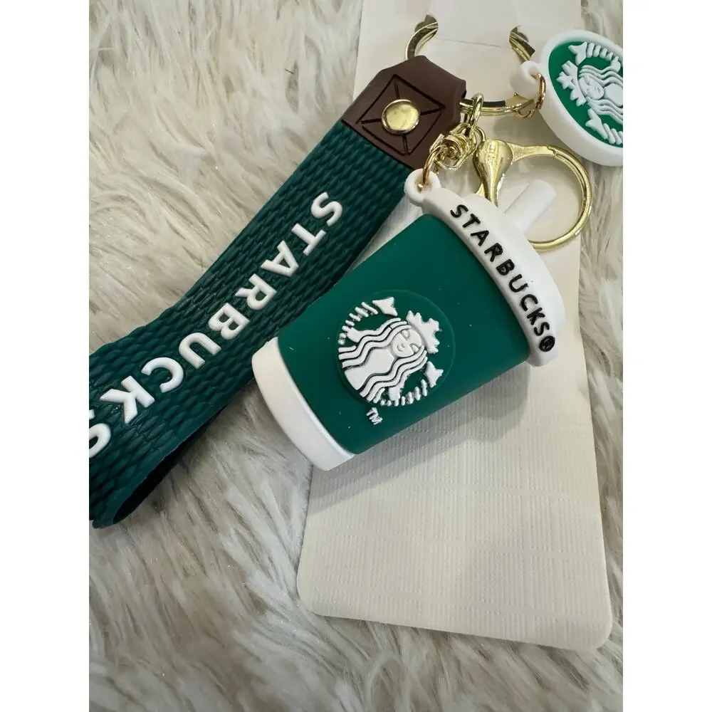 Starbucks green & white cup keychain with white Starbucks logo strap